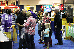 Rows of RVs in the exhibit hall