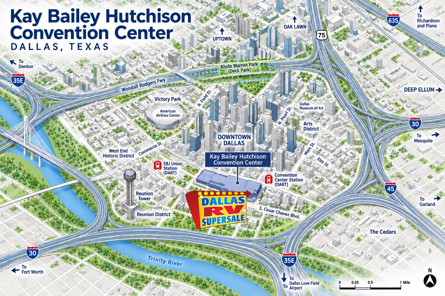 Illustrated map of downtown Dallas showing the Kay Bailey Hutchison Convention Center, surrounding highways, DART stations and landmarks